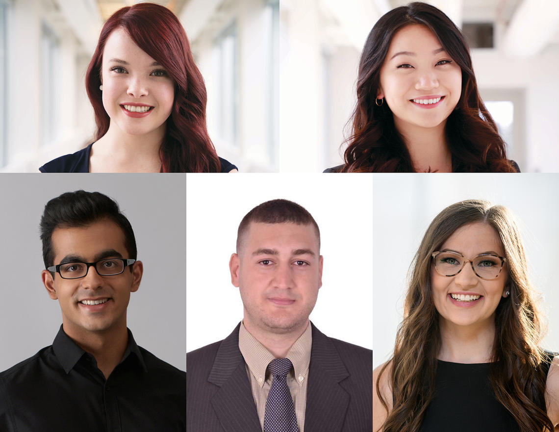 The recipients of the 2019 President’s Award for Excellence in Student Leadership, clockwise from top left: Laura Fader, Tingting Yan, Kristen Barton, Anis Ben Arfi, and Rahul Arora. 