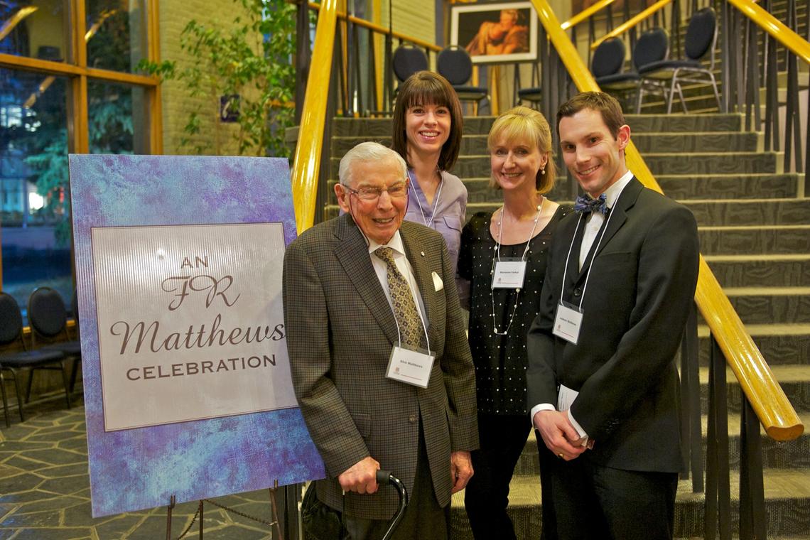 Dick Matthews celebrates the grand opening of the F.R. Matthews Theatre and music rehearsal space on Feb. 9, 2012 with Amanda Robertson, Marianne Ferkul, and his grandson Andrew Matthews.