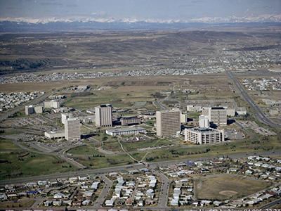 Aerial views of the main University of Calgary campus, taken in 1976 (above) and in 2012 (below).