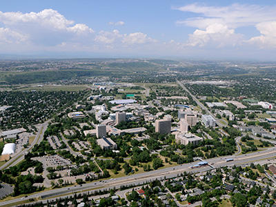 Aerial views of the main University of Calgary campus, taken in 2012.
