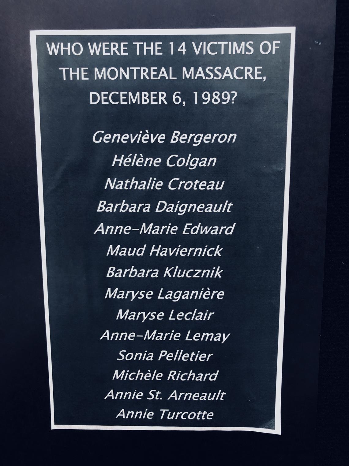 The names of those who died at Montreal’s École Polytechnique.