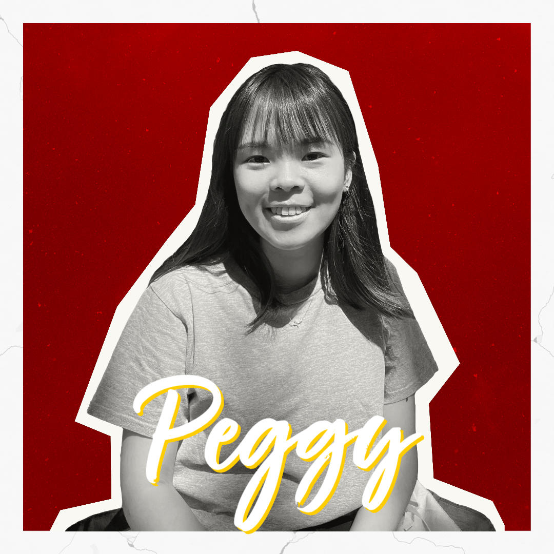Photo of Peggy against a red background