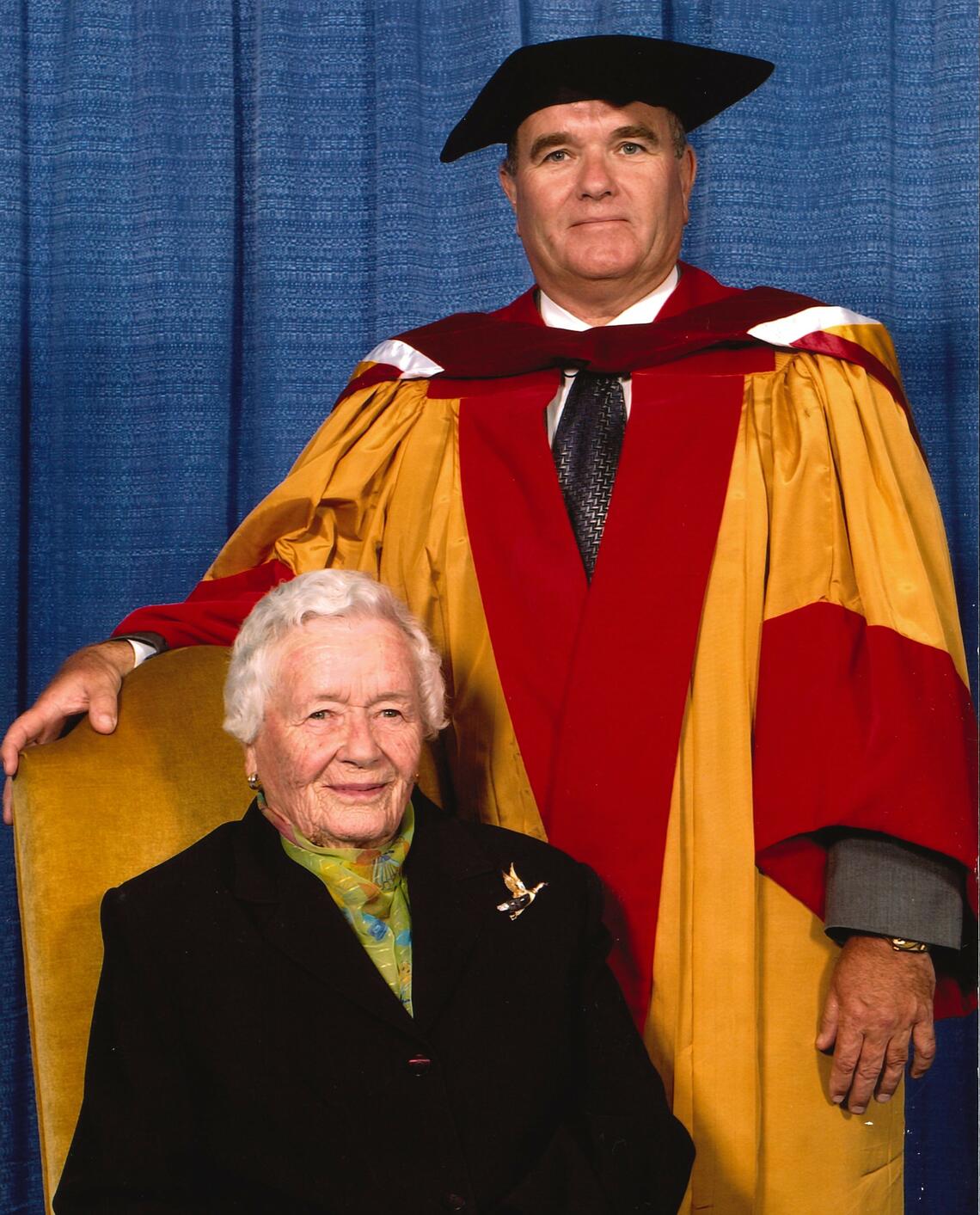 John Simpson, here with his mother Mary, received an honorary degree, Doctor of Laws, from the University of Calgary in 2005.