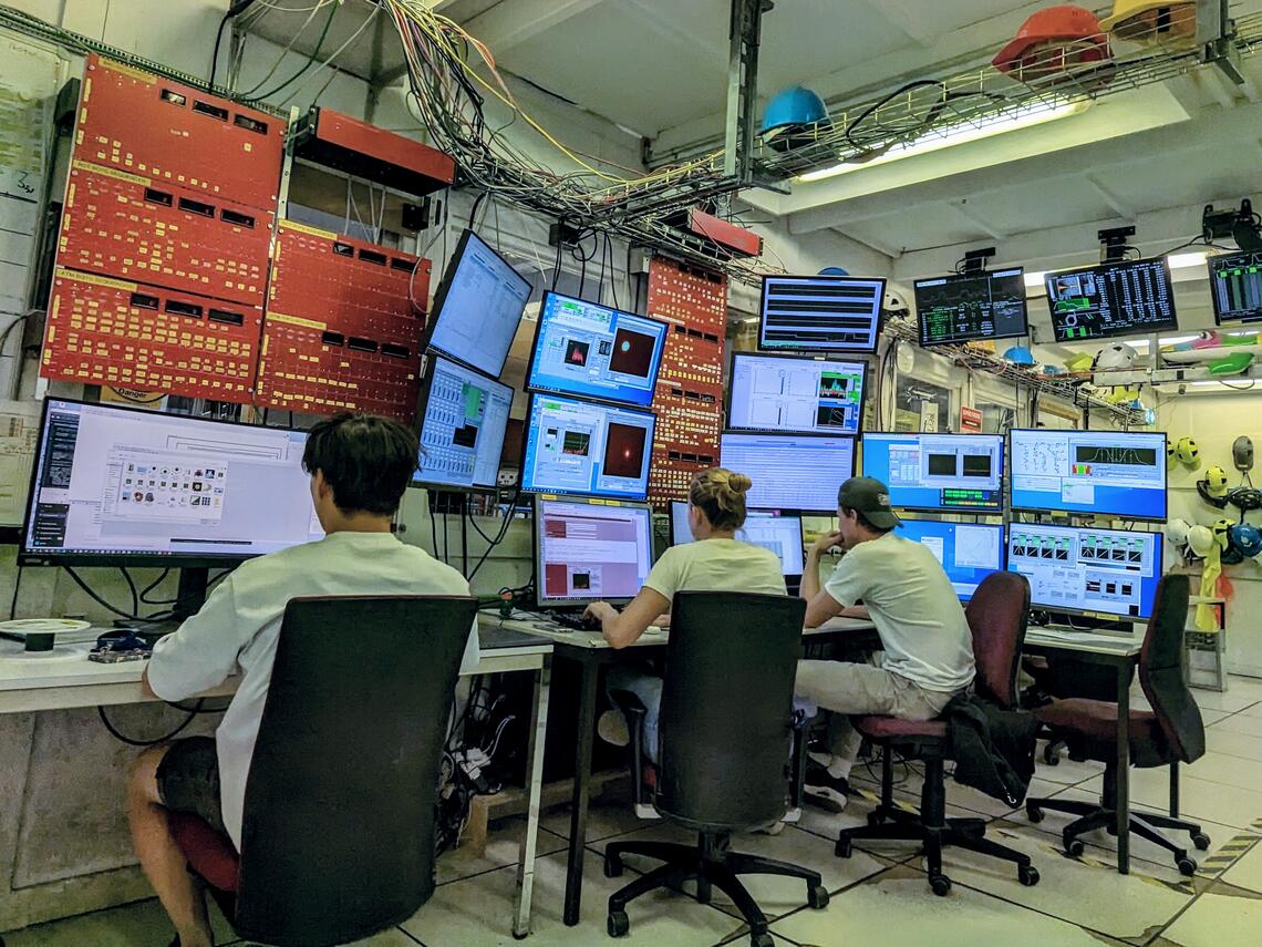 Three UCalgary students - Jay Suh, Abbygale Swadling, and Sean Wilson -  run experiments with the ALPHA apparatus from the ALPHA control room at CERN. 