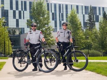 Three seasons a year for the last 27 years, Campus Security workers pedal their way through the University of Calgary's bustling pathways and roadways, ensuring the safety of students, faculty, staff and visitors. This year, UCalgary’s Campus Security bike unit became the first non-police organization to be accepted into the Law Enforcement Bicycle Association’s (LEBA) elite instructor training program. Pictured: Jean Beaudoin and Tesha Lingren, Campus Security