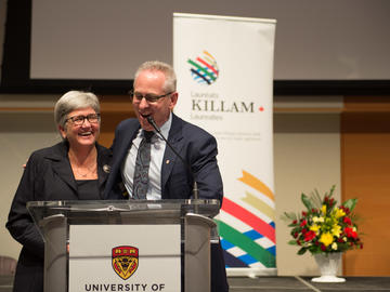 Dru Marshall, provost and vice-president (academic), and Ed McCauley, vice-president (research) address the Killam Laureates and guests