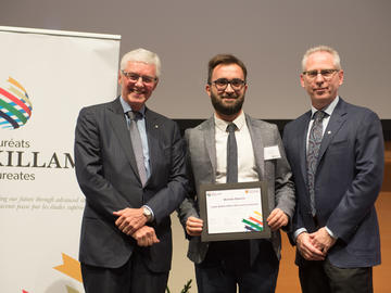 Killam Predoctoral Laureate Michele Bianchi, Anthropology, with Killam Trustee Kevin Lynch (left) and Dr. Ed McCauley, vice-president (research)