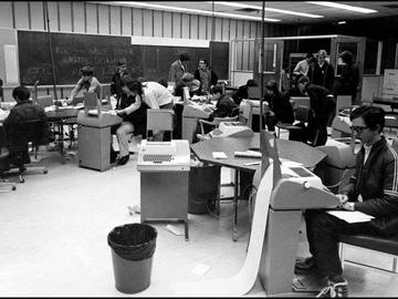 Visitors use computers in the math department during a University of Calgary open house in 1973. UARC82.009.2.02