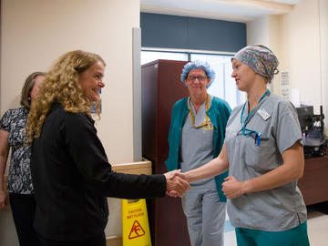 Canada’s Gov. Gen. Julie Payette meets with members of Alberta Health Services during her tour of the project neuroArm research space