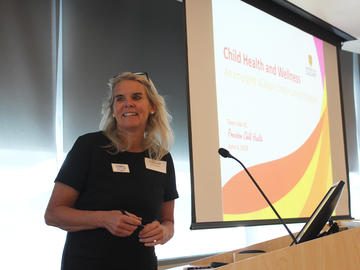 ACHRI Director Dr. Susa Benseler, PhD, MD opens the first town hall on precision child health at Alberta Children’s Hospital, one of five being held for the Child Health and Wellness initiative in June across the campus.