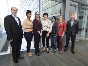 (From left) The study is being led by Oury Monchi, PhD, professor in the Department of Radiology, clinical research director for the Department of Clinical Neurosciences at the CSM and member of the Hotchkiss Brain Institute; with team members Mekale Kibreab, psychometrist; Jenelle Cheetham, research co-ordinator; Iris Kathol, PhD, lab manager; Liu Shi Gan, research scientist; Tracy Hammer, research nurse and Dr. Stefan Lang, PhD student