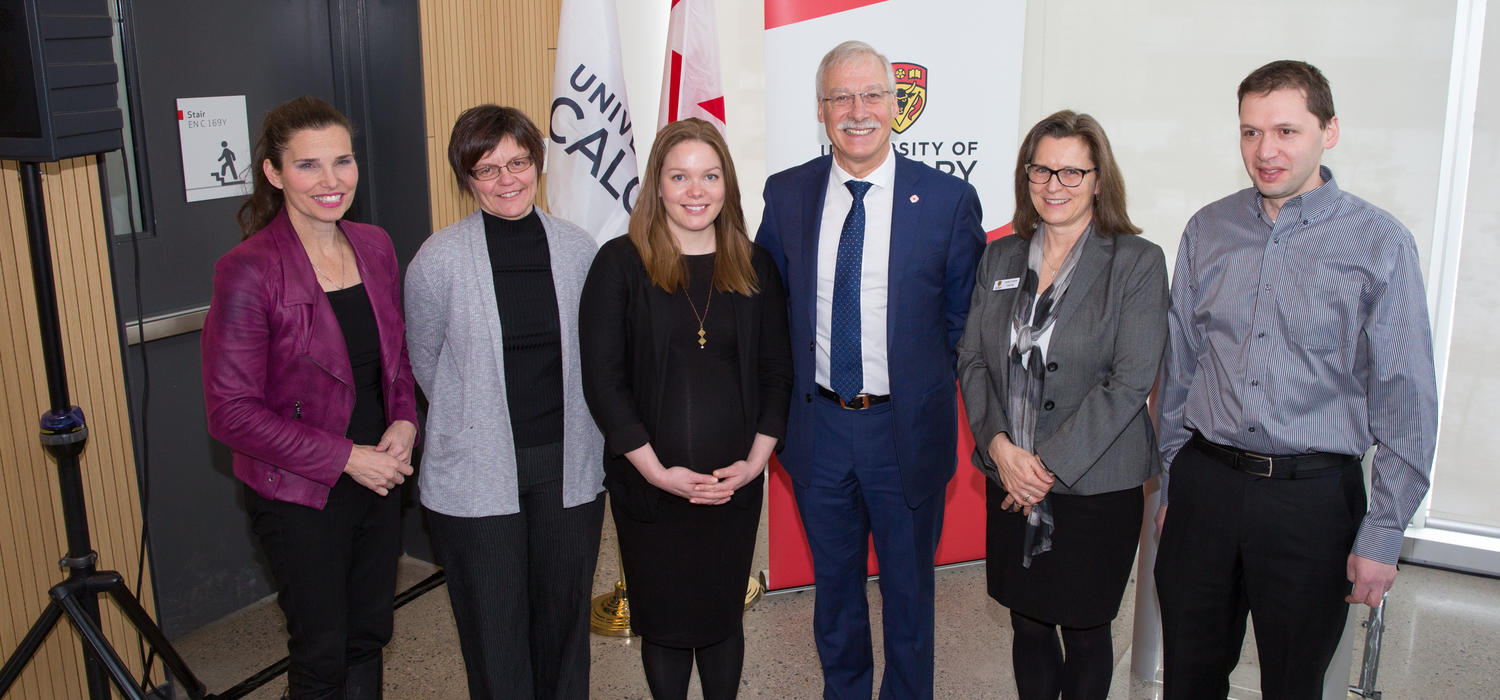 At the Canada Research Chair announcement at the University of Calgary, from left: Kirsty Duncan with Sabine Gilch, Brandy Callhan, André Buret, Lesley Rigg, and Leo Belostotski