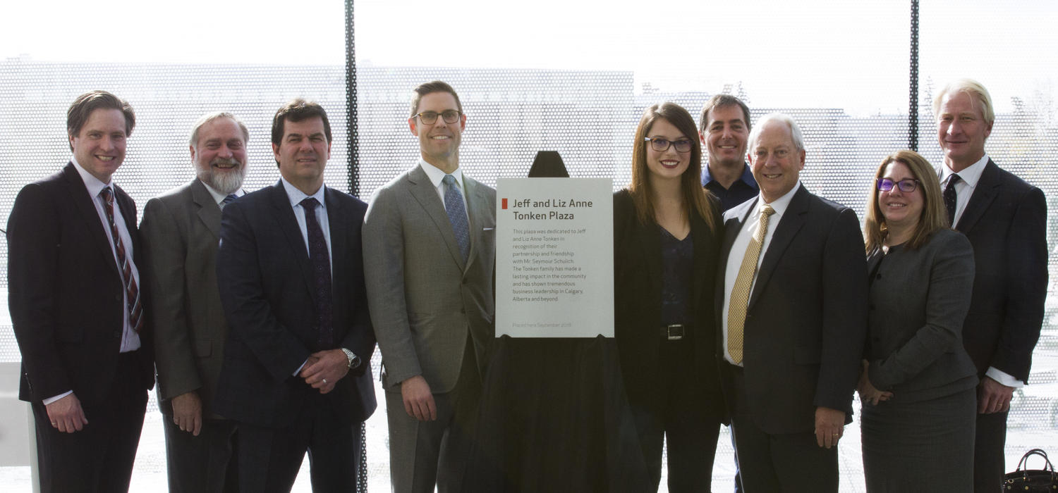At the dedication of the Jeff and Liz Anne Tonken Plaza, from left: Bill Rosehart (dean, Schulich School of Engineering); James Survey, Dave Humphreys and Christopher Carlsen (Birchcliff Energy); Lindsay Hiendl (Schulich fourth-year mechanical student); Bruno Geremia, Jeff Tonken, Michelle Rodgerson and Myles Bosman (Birchcliff Energy).