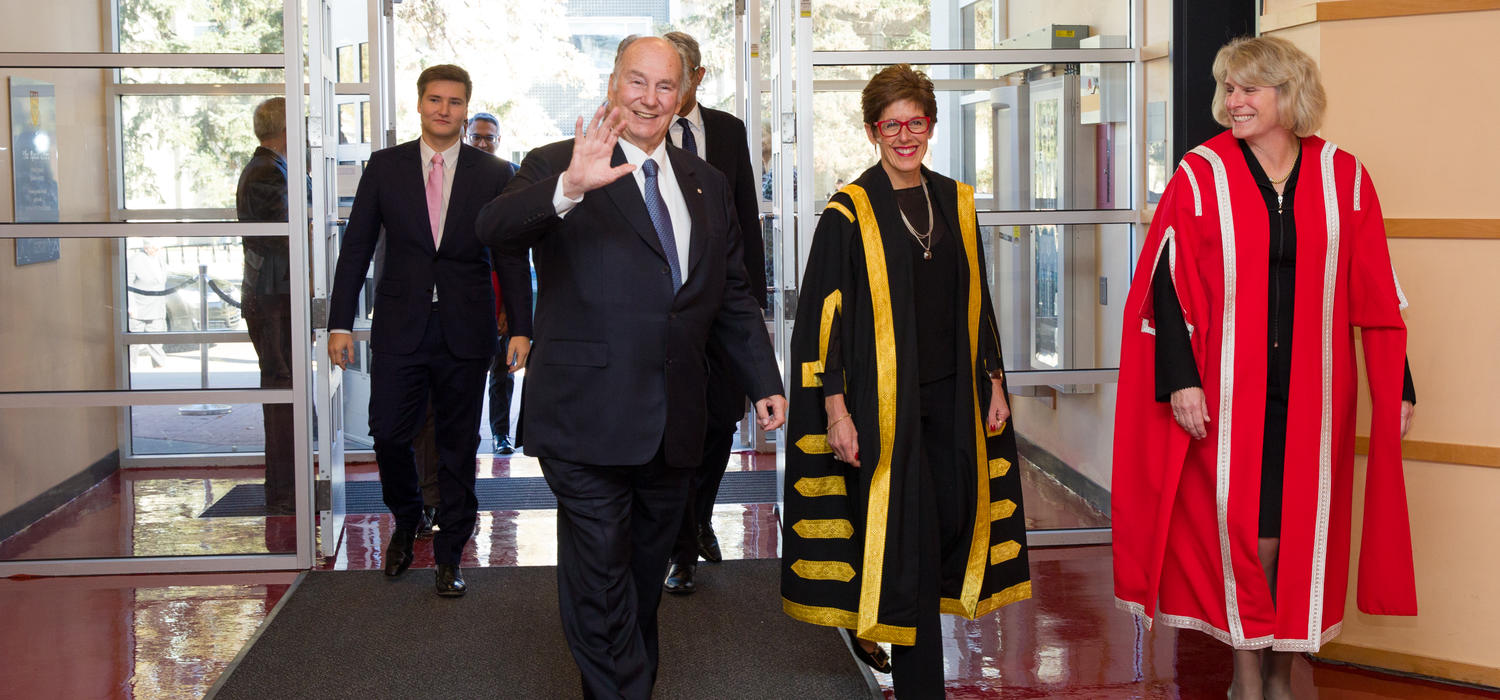 His Highness the Aga Khan, second from left, arrives at the University of Calgary's Rozsa Centre Wednesday where he was conferred an Honorary Doctor of Laws. With him are University of Calgary Chancellor Deborah Yedlin, centre, and President Elizabeth Cannon. Photos by Riley Brandt, University of Calgary 