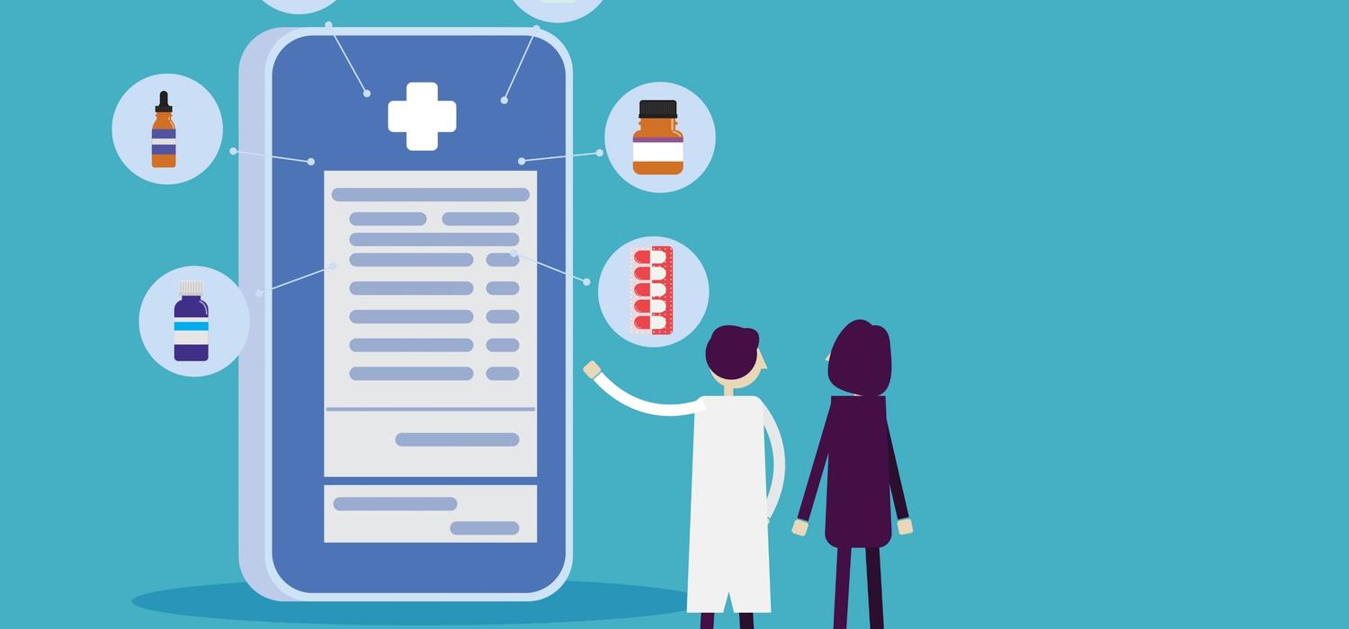 An illustrated doctor and patient stand in front of a digital health application on a smart phone