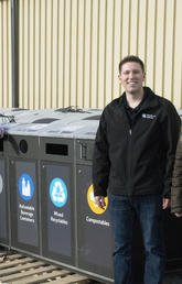 Old recycling and waste diversion bins are headed to the University of Regina to help them develop a more robust recycling program. From left: Lee Aument, University of Regina; Samuel Whyte, UCalgary; Vincent Ignatiuk, University of Regina; and Ana Pazmino, UCalgary. Photos courtesy Geremy Lague, University of Regina