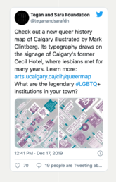 Check out a new queer history map of Calgary illustrated by Mark Clintberg. Its typography draws on the signage of Calgary's former Cecil Hotel, where lesbians met for many years. Learn more: https://arts.ucalgary.ca/cih/queermap What are the legendary #LGBTQ+ institutions in your town?