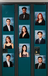 Photos of graduating students are seen on lockers during a graduation ceremony at Magee Secondary School in Vancouver, on June 11, 2020. 