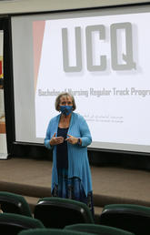 Deborah White addressing the new students
