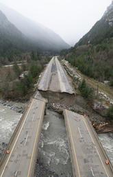 A portion of the Coquihalla Highway near Hope, B.C., is destroyed following heavy rains and mudslides in B.C. 