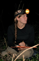 Kathleen Reinhardt pictured here in West Java, Indonesia, observing slow lorises in the wild at night