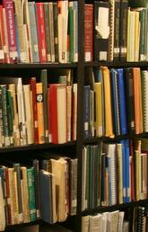 A closeup shot of a bookshelf