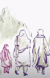 An illustration of two women and two childern walking.