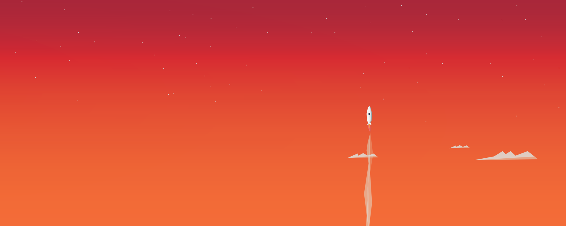 Rocket ship flying upwards, in front of a red sky with stars and clouds.