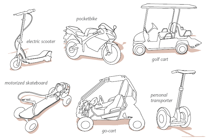 Go-cart, scooter, skateboard, pocketbike, golf cart, and personal transporter