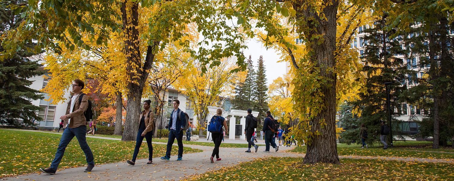Students walking on campus in the fall