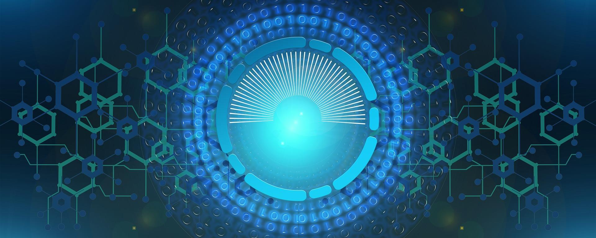 Blue and green image showing binary code in circles