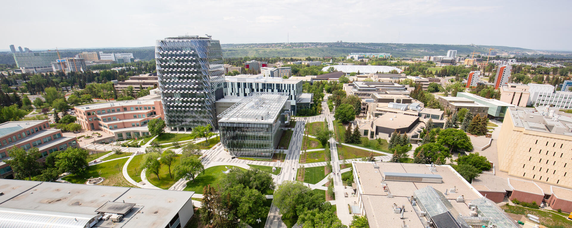 Aerial view of the University of Calgary campus during the summer.