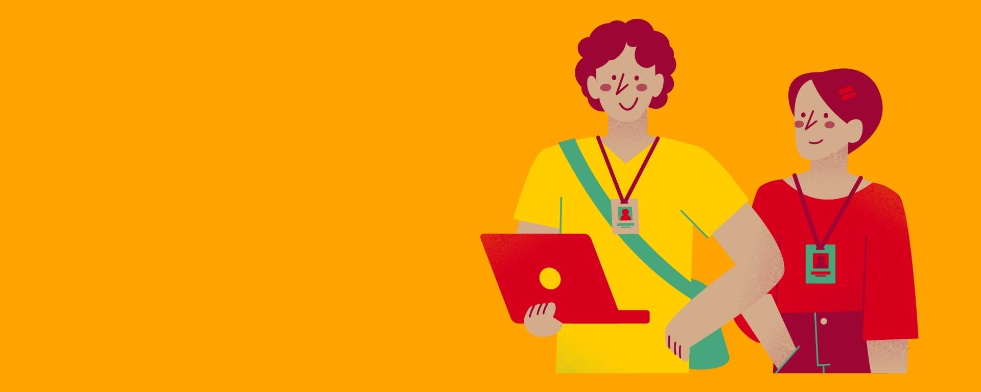 Two educators wearing badges and one is holding a laptop.