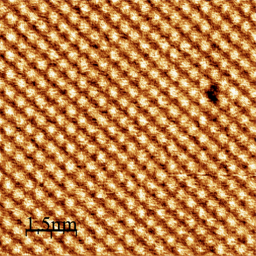 Atomic resolution image of KBr(001) surface showing a single atomic defect.