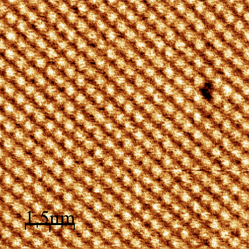 KBr(001) Atomic resolution image of KBr(001) surface showing a single atomic defect.