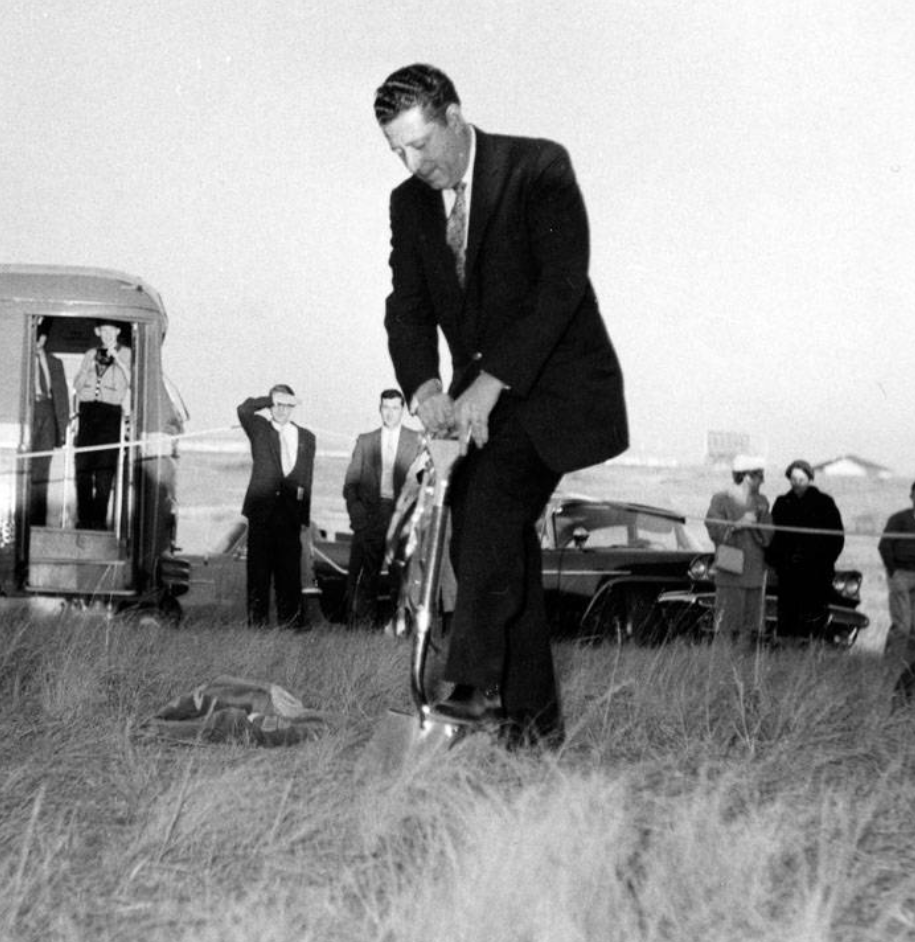 Hon. Fred Colborne, Alberta Minister without Portfolio, turning sod at the new UofC campus, November 1, 1958