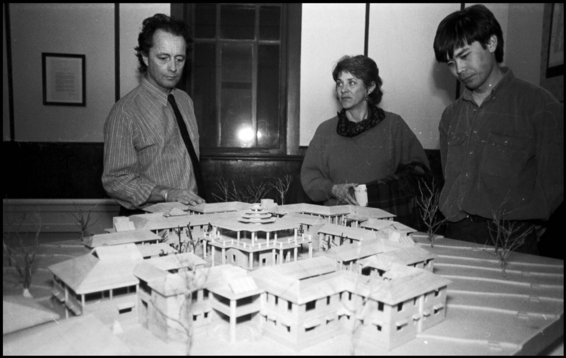 Environmental design graduate Bill Semple with a model of his design of a convent for Buddhist nuns, 1993