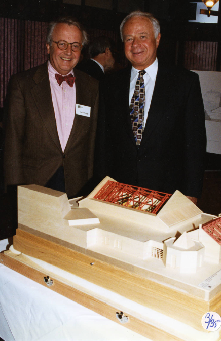 Image of Rozsa Centre architect Fred Valentine of Culham-Pedersen-Valentine and University of Calgary President Murray Fraser with a model of the Rozsa Centre during the groundbreaking ceremony for the performing arts centre.