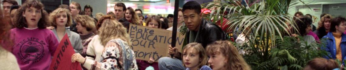 University of Calgary students in MacEwan Student Centre protesting university underfunding.