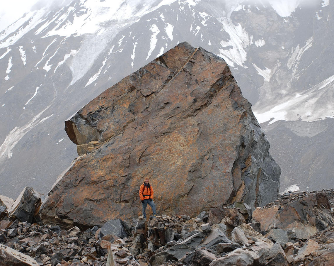 Large landslide-derived boulder on Black Rapids Glacier, Alaska