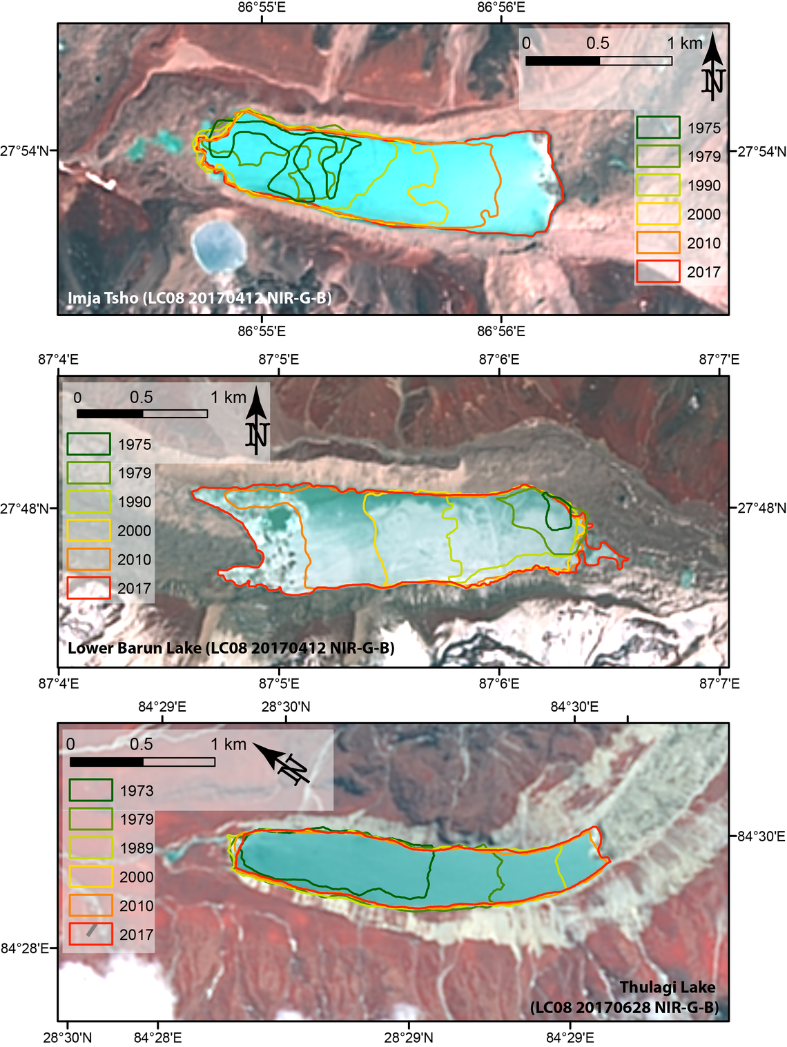 Satellite-derived glacial lake outlines, Nepal Himalaya Satellite-derived glacial lake outlines, Nepal Himalaya