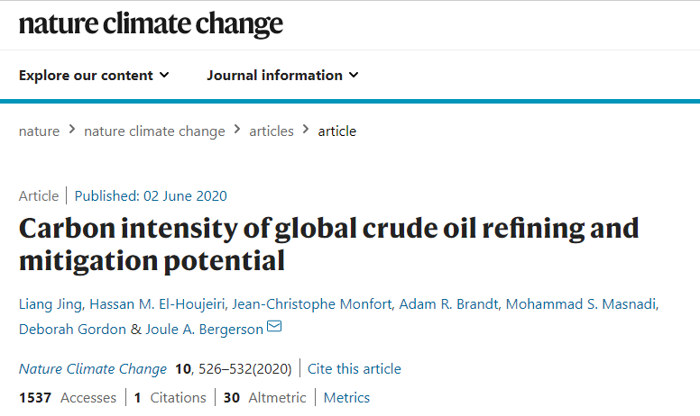 Carbon intensity of global crude oil refining and mitigation potential Nature Climate Change: Carbon intensity of global crude oil refining and mitigation potential