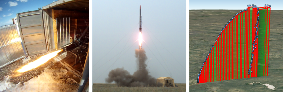 Propulsion ground testing (left); rocket launch (middle); and rocket trajectory (right) Propulsion ground testing (left); rocket launch (middle); and rocket trajectory (right)