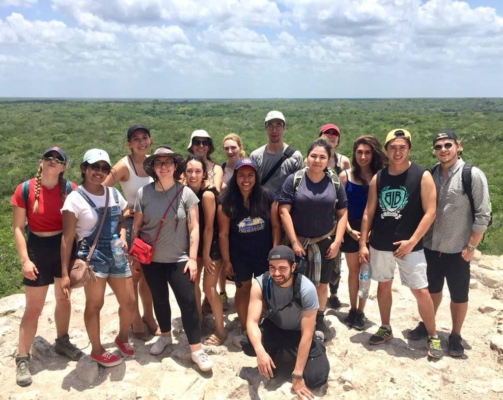 Maya Archaeology student group (2019) posing at Calakmul temple site