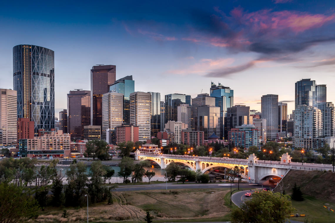 Calgary skyline of downtown at sunset