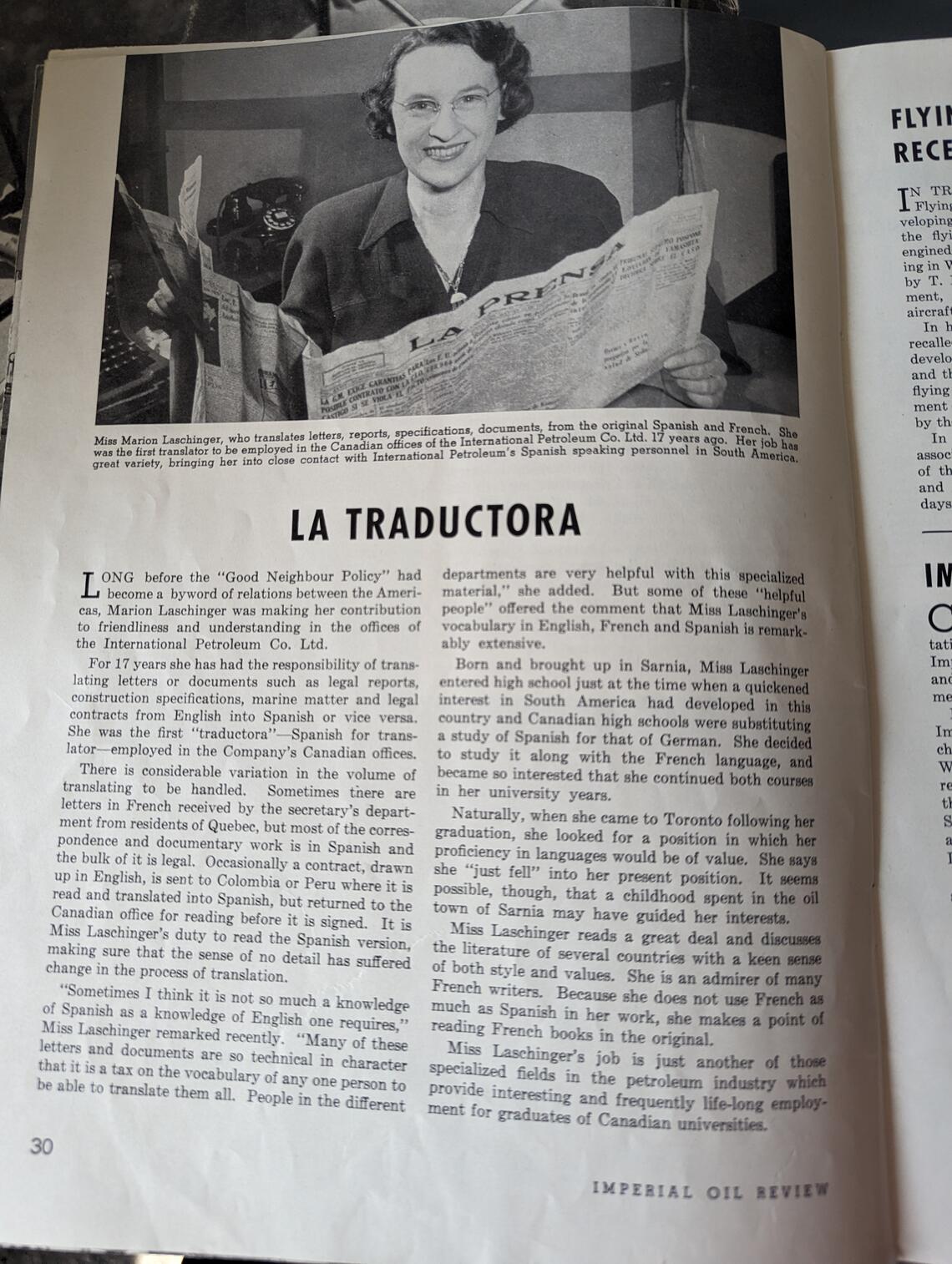 Magazine with a story describing women's jobs as translators with Imperial Oil.