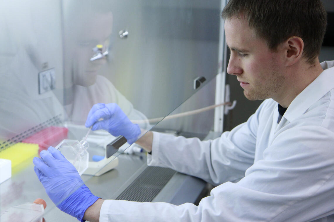 A young researcher examines materials through a glass box in a lab.