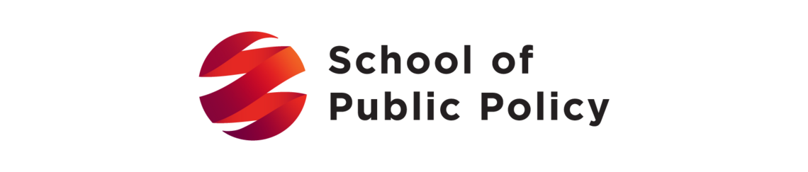 A red ribbon globe icon and the School of Public Policy wordmark