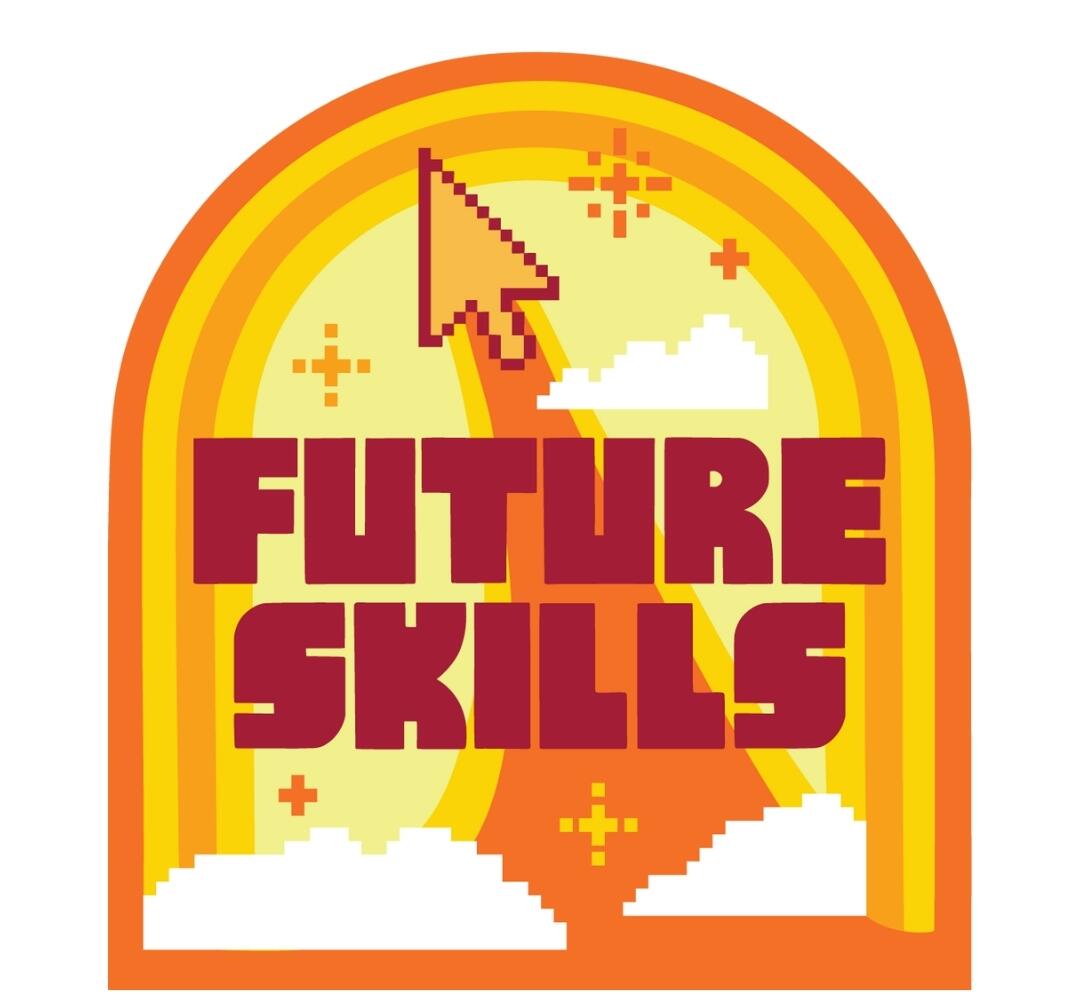 Illustration with a cursor as a rocket bursting out of clouds. The words Future Skills are on top.