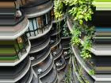 A multistoreyed building featuring vines springing out of the top floors and flowing down to the others. 